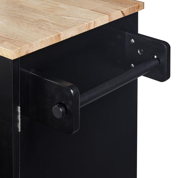 English Elm K&K Rolling Kitchen Island with Rubber Wood Top, 3 Drawers, Slide-Out Shelves & Locking Wheels for Organized Culinary Storage and Mobility Black WF316599AAB