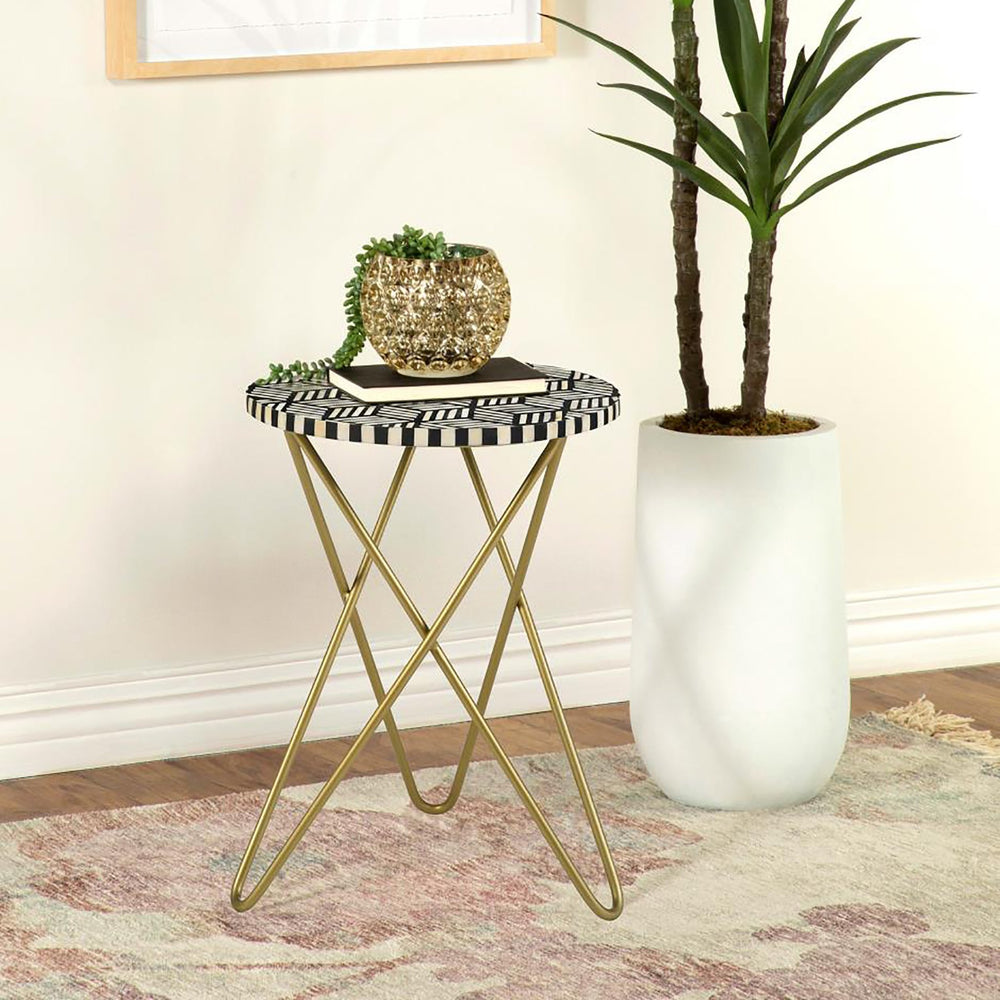 English Elm Black Black White and Gold Travertine Accent Table with Retro Gold Hairpin Metal Base, Chic 21.75"H B062P153896