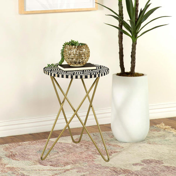 English Elm Black Black White and Gold Travertine Accent Table with Retro Gold Hairpin Metal Base, Chic 21.75"H B062P153896
