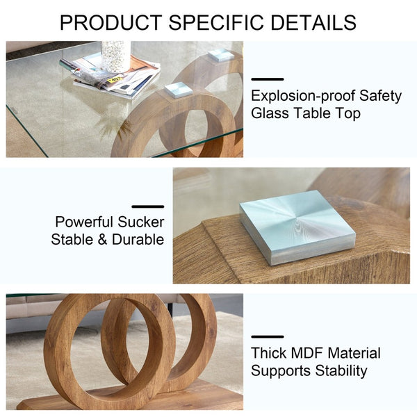 English Elm A Modern Glass Top Coffee Table with Wood Grain Legs for Living Room Decor W1151140296