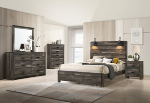 English Elm 1pc Rustic Style Butcher Block Finish Queen Size Bed with Weathered Finish, Detailed Trim, Sturdy Frame Brown 92.07 L x 38.91 W x 11.2 H B011P230852