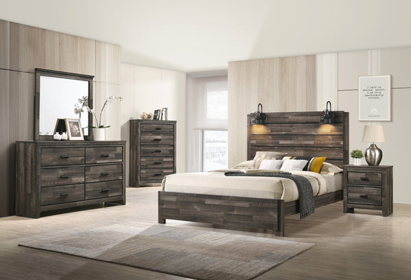 English Elm 1pc Rustic Style Butcher Block Finish Queen Size Bed with Weathered Finish, Detailed Trim, Sturdy Frame Brown 92.07 L x 38.91 W x 11.2 H B011P230852