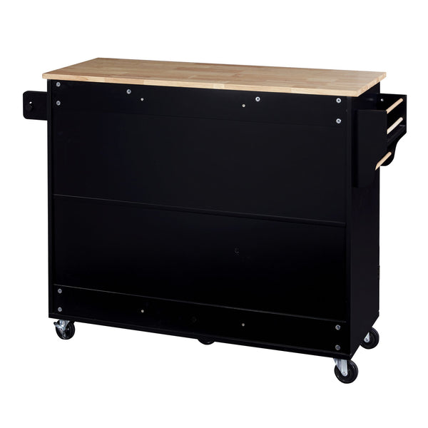 English Elm K&K Rolling Kitchen Island with Rubber Wood Top, 3 Drawers, Slide-Out Shelves & Locking Wheels for Organized Culinary Storage and Mobility Black WF316599AAB