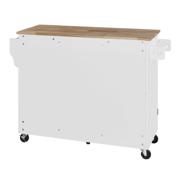 English Elm K&K Rolling Kitchen Island with Rubber Wood Top, 3 Drawers, Slide-Out Shelves & Locking Wheels for Organized Culinary Storage and Mobility White WF316599AAW