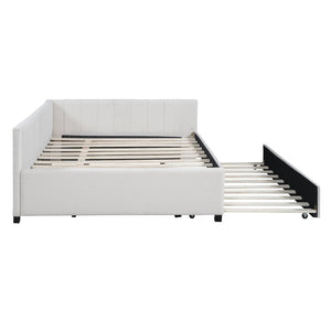 English Elm Full Size Linen Upholstered Daybed with Pull Out Trundle Sofa Frame for Bedroom Beige LP000173AAA-1