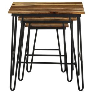 English Elm Natural 3-Piece Nesting Table Set With Hairpin Legs – Stylish Sheesham Wood & Black Metal Design B062P153893