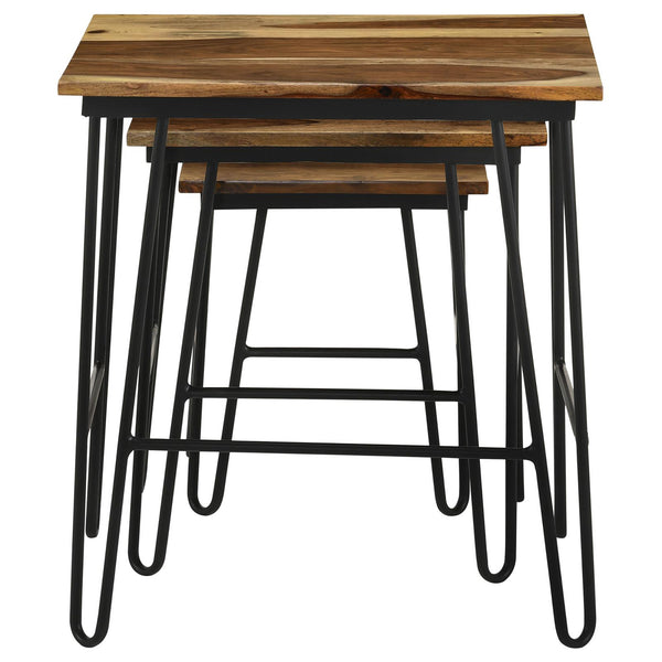 English Elm Natural 3-Piece Nesting Table Set With Hairpin Legs – Stylish Sheesham Wood & Black Metal Design B062P153893