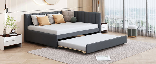 English Elm Full Size Linen Upholstered Daybed with Pull Out Trundle Sofa Frame for Bedroom Gray LP000173AAE-1