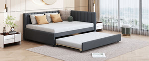 English Elm Full Size Linen Upholstered Daybed with Roll Out Trundle for Guest Rooms LP000173AAE