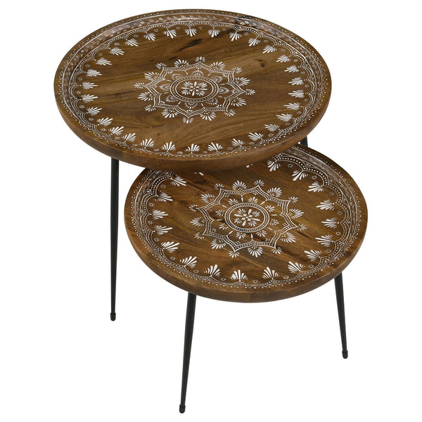 English Elm Honey Natural Mango 2-Piece Nesting Tables with Gunmetal Iron Frame, Round Tiered Accent Tables for Living Room Decor B062P153891