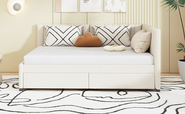 English Elm Full Size Linen Upholstered Daybed with Storage Drawers for Guest Room Studio Beige LP000172AAA