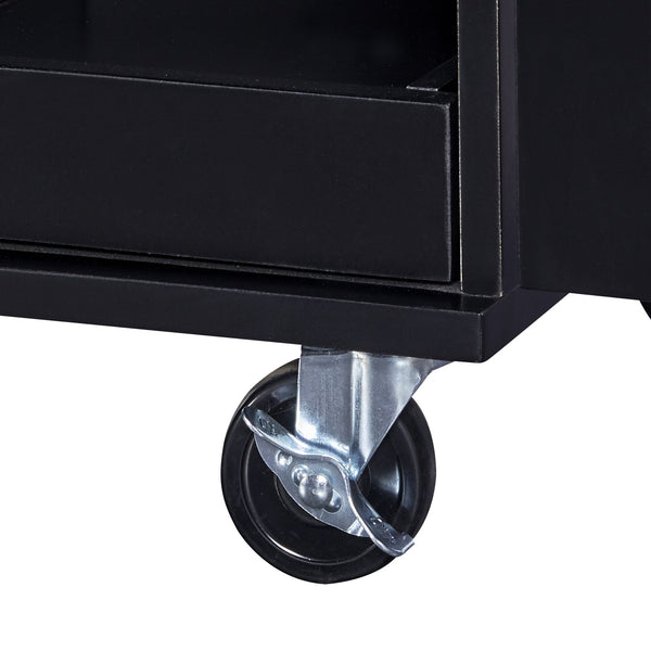 English Elm K&K Rolling Kitchen Island with Rubber Wood Top, 3 Drawers, Slide-Out Shelves & Locking Wheels for Organized Culinary Storage and Mobility Black WF316599AAB