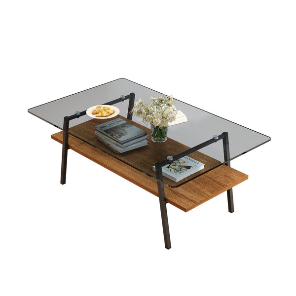 English Elm Rectangle Two Tier Glass Coffee Table Gray Tinted Top Black Iron Legs Modern Living W241P407242