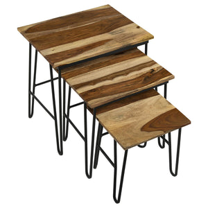 English Elm Natural 3-Piece Nesting Table Set With Hairpin Legs – Stylish Sheesham Wood & Black Metal Design B062P153893