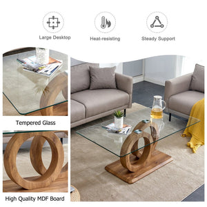 English Elm A Modern Glass Top Coffee Table with Wood Grain Legs for Living Room Decor W1151140296