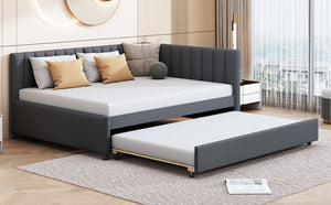 English Elm Full Size Linen Upholstered Daybed with Roll Out Trundle for Guest Rooms LP000173AAE