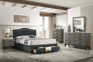 English Elm California King Storage Bed Arched Tufted Burlap Headboard Contemporary Bedroom Frame B011S02050