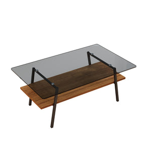 English Elm Rectangle Tempered Glass Coffee Table with Black Iron Legs and Mdf Shelf Modern W241126034