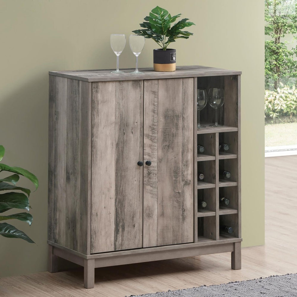 English Elm Weathered Acacia Wine Cabinet with Open Cubbies Stemware Racks and Matte Black Pulls B062P153898
