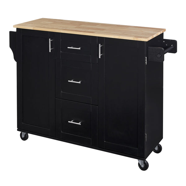 English Elm K&K Rolling Kitchen Island with Rubber Wood Top, 3 Drawers, Slide-Out Shelves & Locking Wheels for Organized Culinary Storage and Mobility Black WF316599AAB