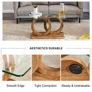 English Elm A Modern Glass Top Coffee Table with Wood Grain Legs for Living Room Decor W1151140296