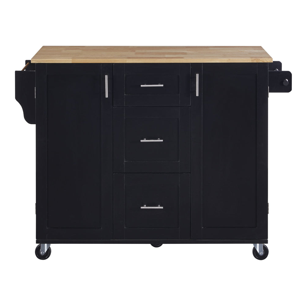 English Elm K&K Rolling Kitchen Island with Rubber Wood Top, 3 Drawers, Slide-Out Shelves & Locking Wheels for Organized Culinary Storage and Mobility Black WF316599AAB