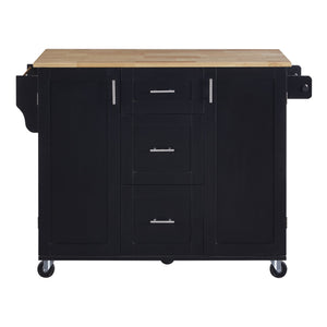 English Elm K&K Rolling Kitchen Island with Rubber Wood Top, 3 Drawers, Slide-Out Shelves & Locking Wheels for Organized Culinary Storage and Mobility Black WF316599AAB