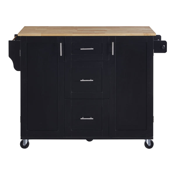 English Elm K&K Rolling Kitchen Island with Rubber Wood Top, 3 Drawers, Slide-Out Shelves & Locking Wheels for Organized Culinary Storage and Mobility Black WF316599AAB