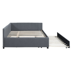 English Elm Full Size Linen Upholstered Daybed with Pull Out Trundle Sofa Frame for Bedroom Gray LP000173AAE-1
