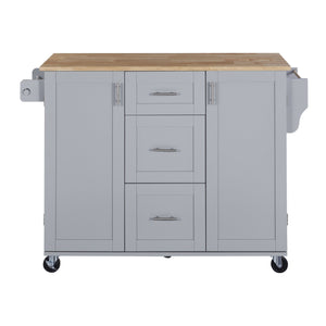 English Elm K&K Rolling Kitchen Island with Rubber Wood Top, 3 Drawers, Slide-Out Shelves & Locking Wheels for Organized Culinary Storage and Mobility Grey-Blue WF316599AAG