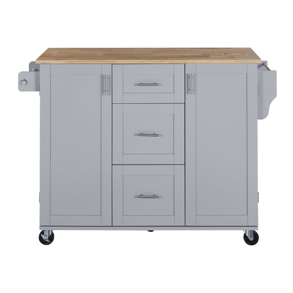 English Elm K&K Rolling Kitchen Island with Rubber Wood Top, 3 Drawers, Slide-Out Shelves & Locking Wheels for Organized Culinary Storage and Mobility Grey-Blue WF316599AAG