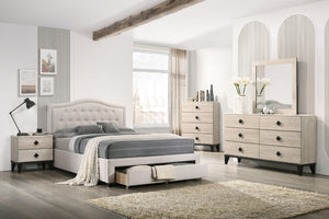 English Elm Light Burlap Queen Storage Bed with Button Tufted Arch Headboard for Modern Bedroom Light Brown B011S00708