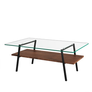 English Elm Rectangle Tempered Glass Coffee Table with Black Iron Legs and Mdf Shelf Modern W241126031