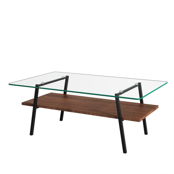 English Elm Rectangle Tempered Glass Coffee Table with Black Iron Legs and Mdf Shelf Modern W241126031