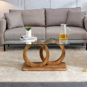 English Elm A Modern Glass Top Coffee Table with Wood Grain Legs for Living Room Decor W1151140296