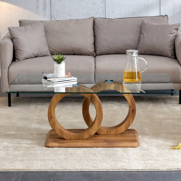 English Elm A Modern Glass Top Coffee Table with Wood Grain Legs for Living Room Decor W1151140296