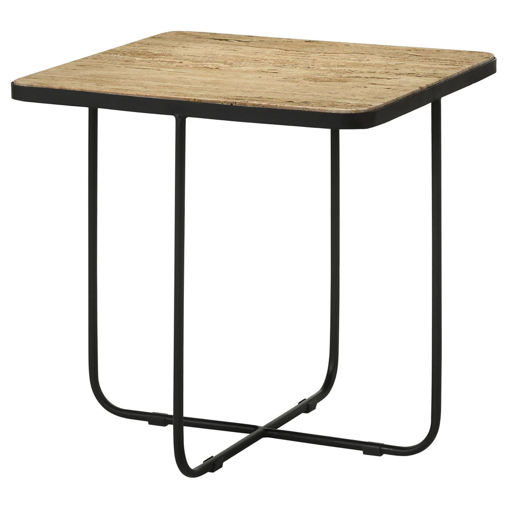 English Elm Travertine Square Accent Table with Matte Black Curved Metal Base — Modern Exotic Display Piece B062P153888