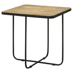 English Elm Travertine Square Accent Table with Matte Black Curved Metal Base — Modern Exotic Display Piece B062P153888