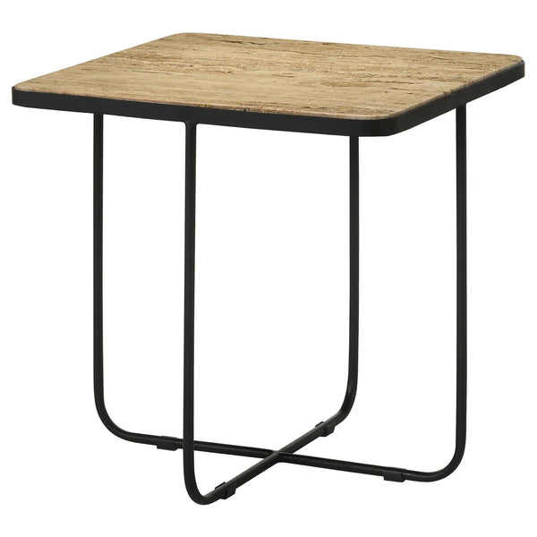 English Elm Travertine Square Accent Table with Matte Black Curved Metal Base — Modern Exotic Display Piece B062P153888