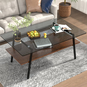 English Elm Rectangle Tempered Glass Coffee Table with Black Iron Legs and Mdf Shelf Modern W241126034