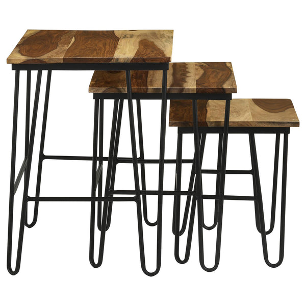 English Elm Natural 3-Piece Nesting Table Set With Hairpin Legs – Stylish Sheesham Wood & Black Metal Design B062P153893