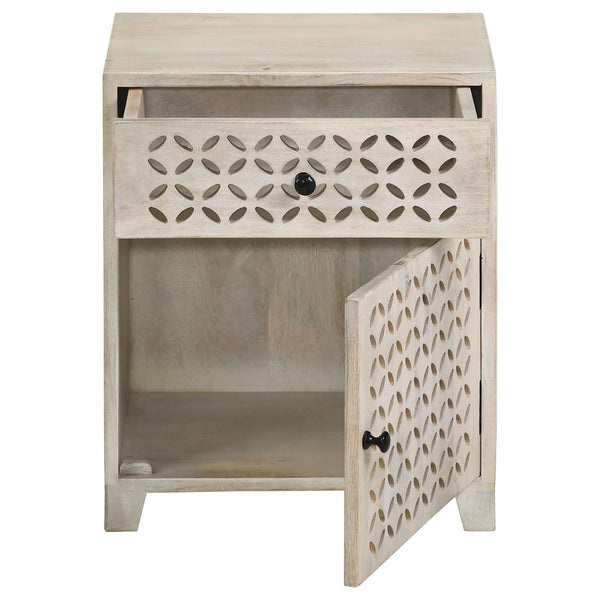 English Elm White Washed Mango Wood Accent Cabinet with Lattice Door, Drawer & Black Metal Hardware, Eco-Friendly Storage (22"H x 18"W x 14"D) B062P153881