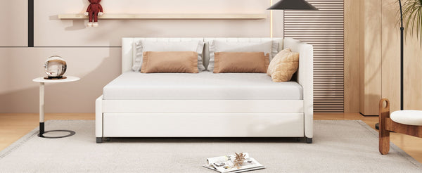 English Elm Full Size Linen Upholstered Daybed with Pull Out Trundle Sofa Frame for Bedroom Beige LP000173AAA-1