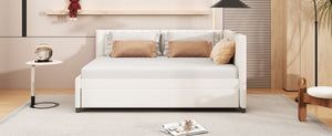 English Elm Full Size Linen Upholstered Daybed with Roll Out Trundle for Guest Rooms LP000173AAA