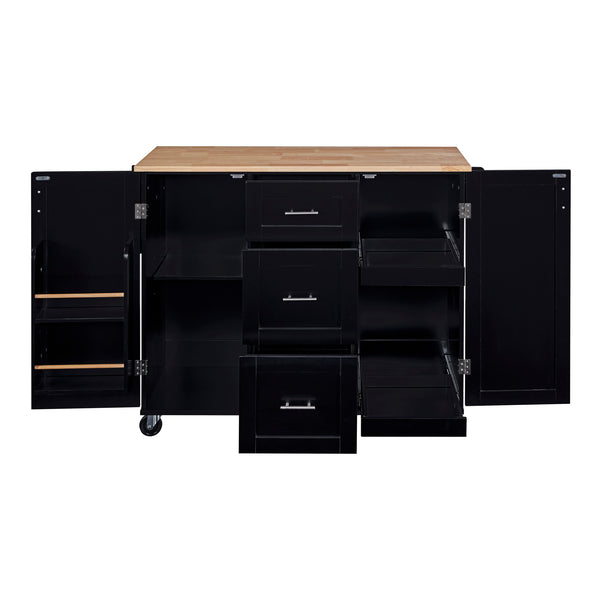 English Elm K&K Rolling Kitchen Island with Rubber Wood Top, 3 Drawers, Slide-Out Shelves & Locking Wheels for Organized Culinary Storage and Mobility Black WF316599AAB