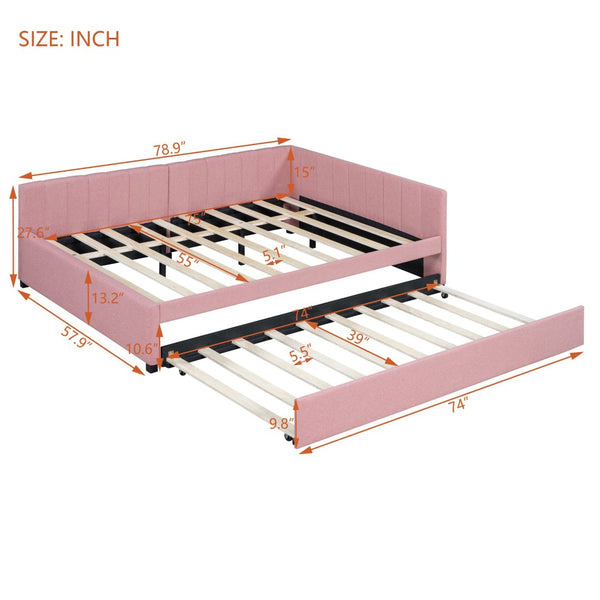 English Elm Full Size Linen Upholstered Daybed with Roll Out Trundle for Guest Rooms Pink LP000173AAH