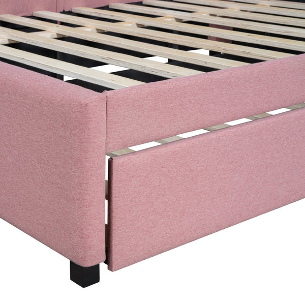 English Elm Full Size Linen Upholstered Daybed with Roll Out Trundle for Guest Rooms Pink LP000173AAH