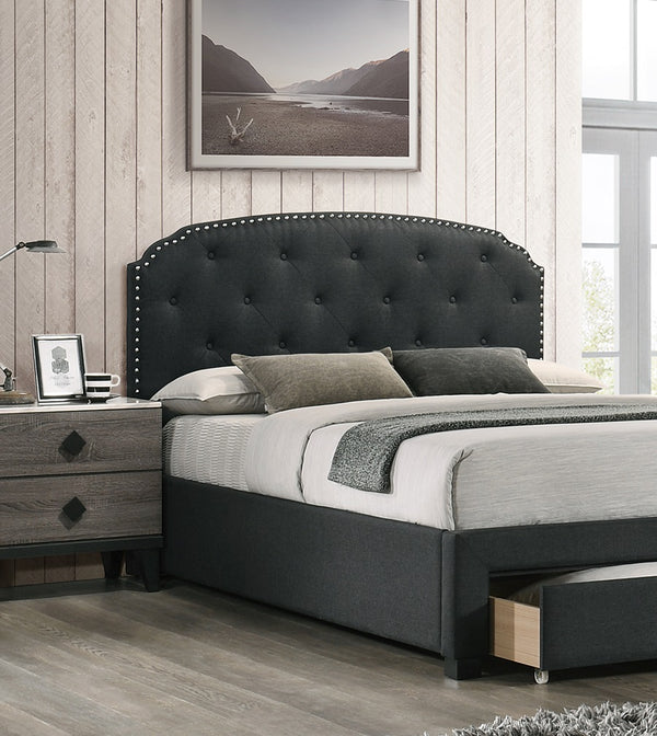 English Elm Charcoal Twin Size Bedframe With Button Tufted Headboard & Underbed Storage – Modern Bedroom Furniture B011S00698