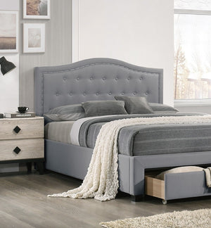 English Elm Light Burlap Upholstered Full Bed with Tufted Arch Headboard and Footboard Storage Drawer Light Grey B011S00706