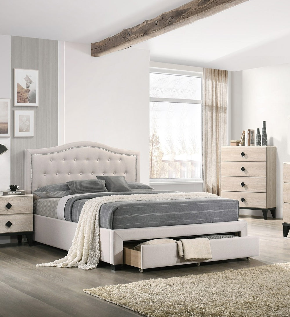 English Elm Light Burlap Upholstered Full Bed with Tufted Arch Headboard and Footboard Storage Drawer Light Brown B011S00709